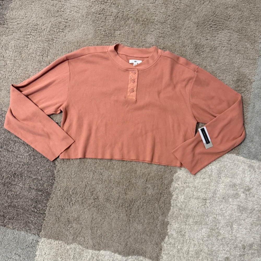 BP Nordstrom Henley Crop Top Coral Pink Waffle Knit Long Sleeve